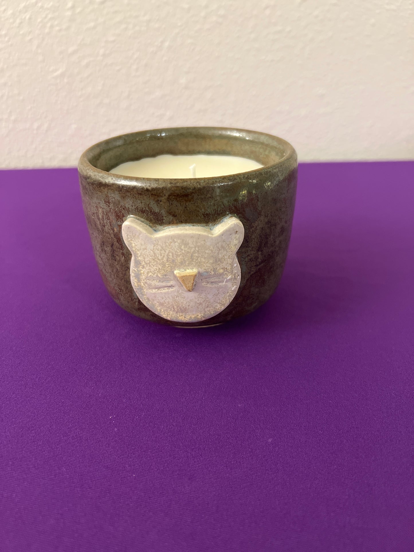 Unscented Candle in White Cat Face Smoke Ceramic Holder