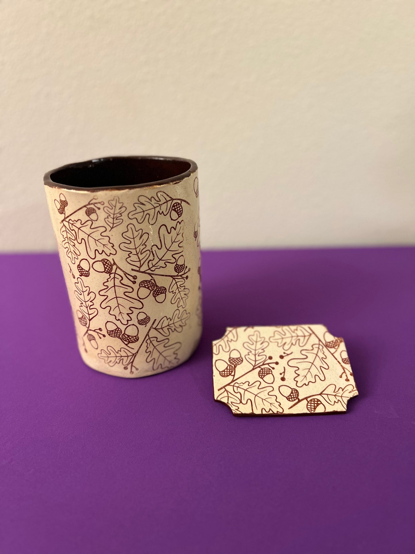 Oak Leaf Ceramic Utensil Canister/Spoon Rest Set in Rust Red