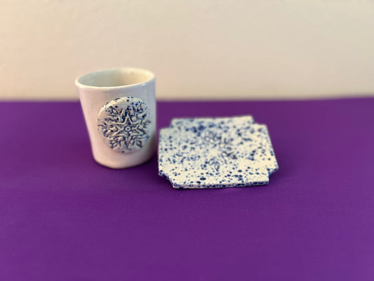 Blue Splatterware Snowflake Tumbler and Soapdish Set