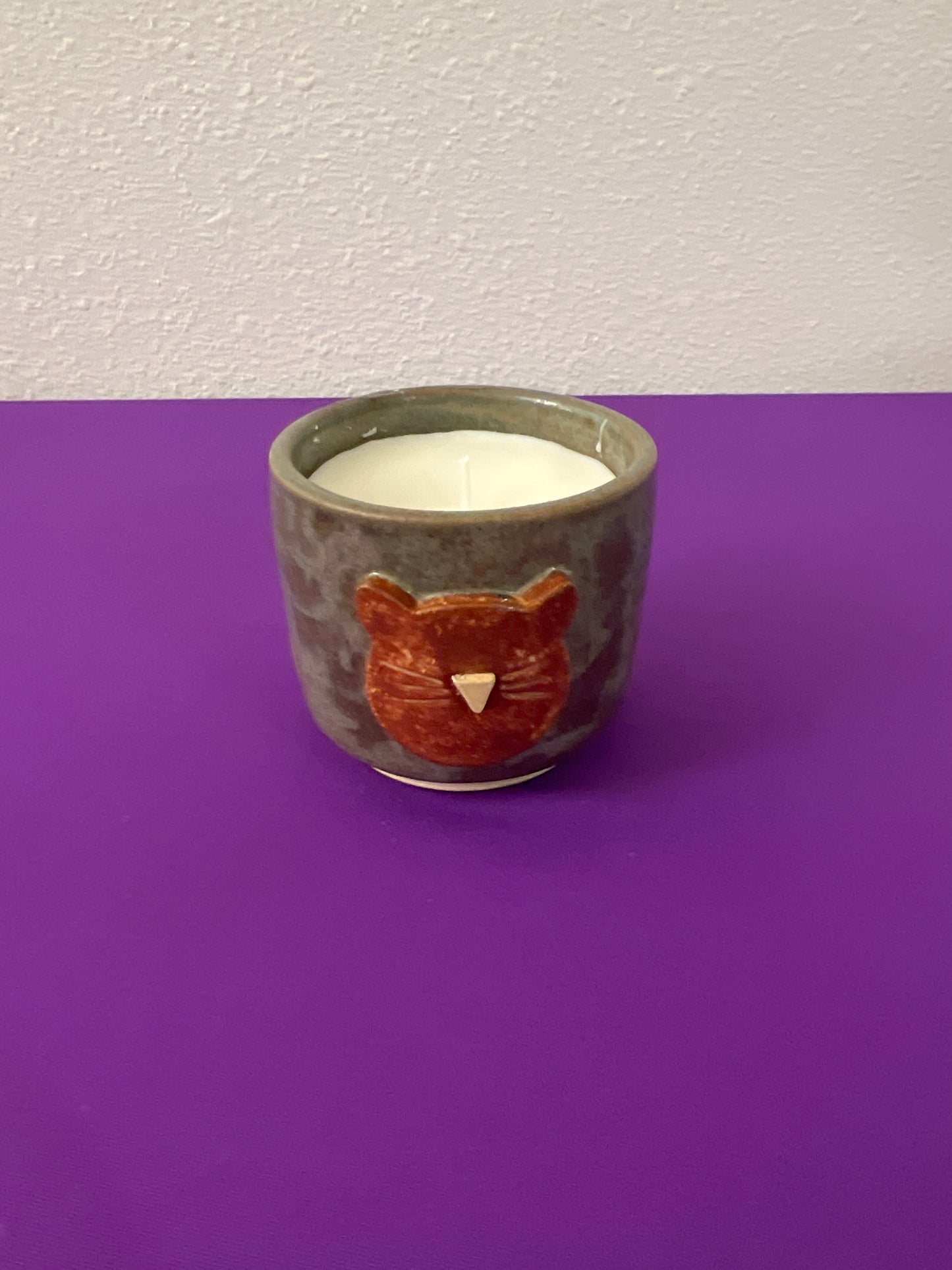 Unscented Candle in Orange Cat Face Smoke Ceramic Holder