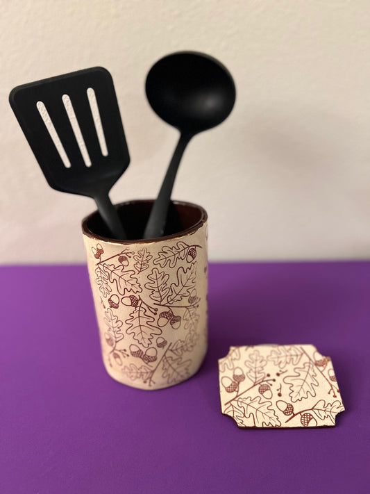 Oak Leaf Ceramic Utensil Canister/Spoon Rest Set in Rust Red