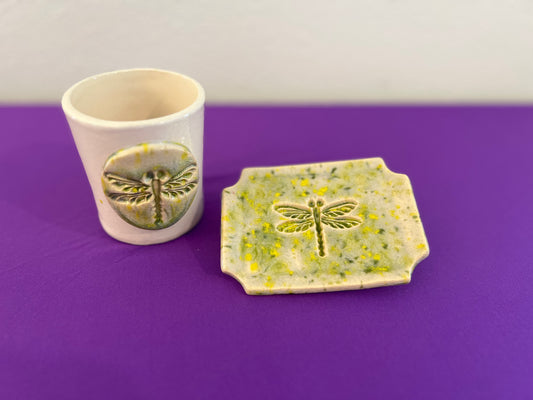 Lemon Lime Dragonfly Tumbler and Soapdish Set