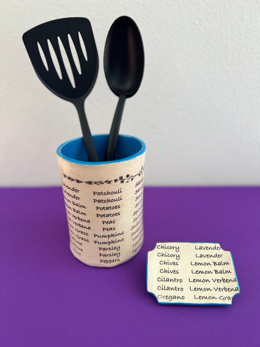 Herb Ceramic Utensil Canister/Spoon Rest Set in delft blue