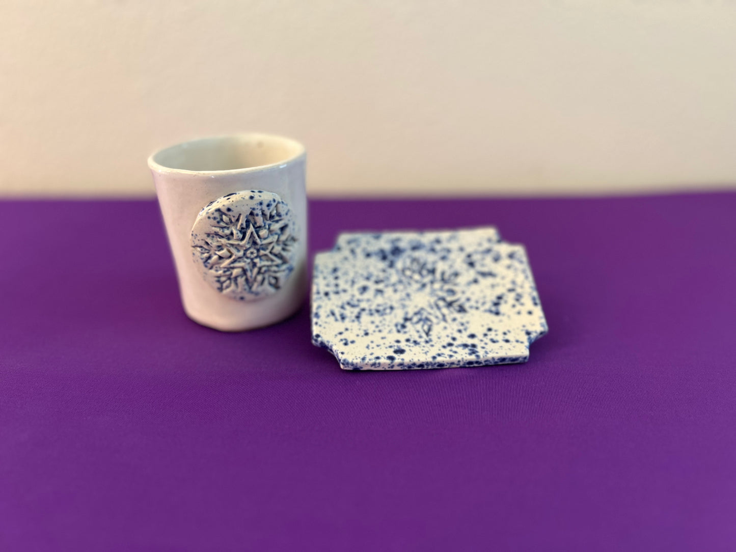 Blue Splatterware Snowflake Tumbler and Soapdish Set