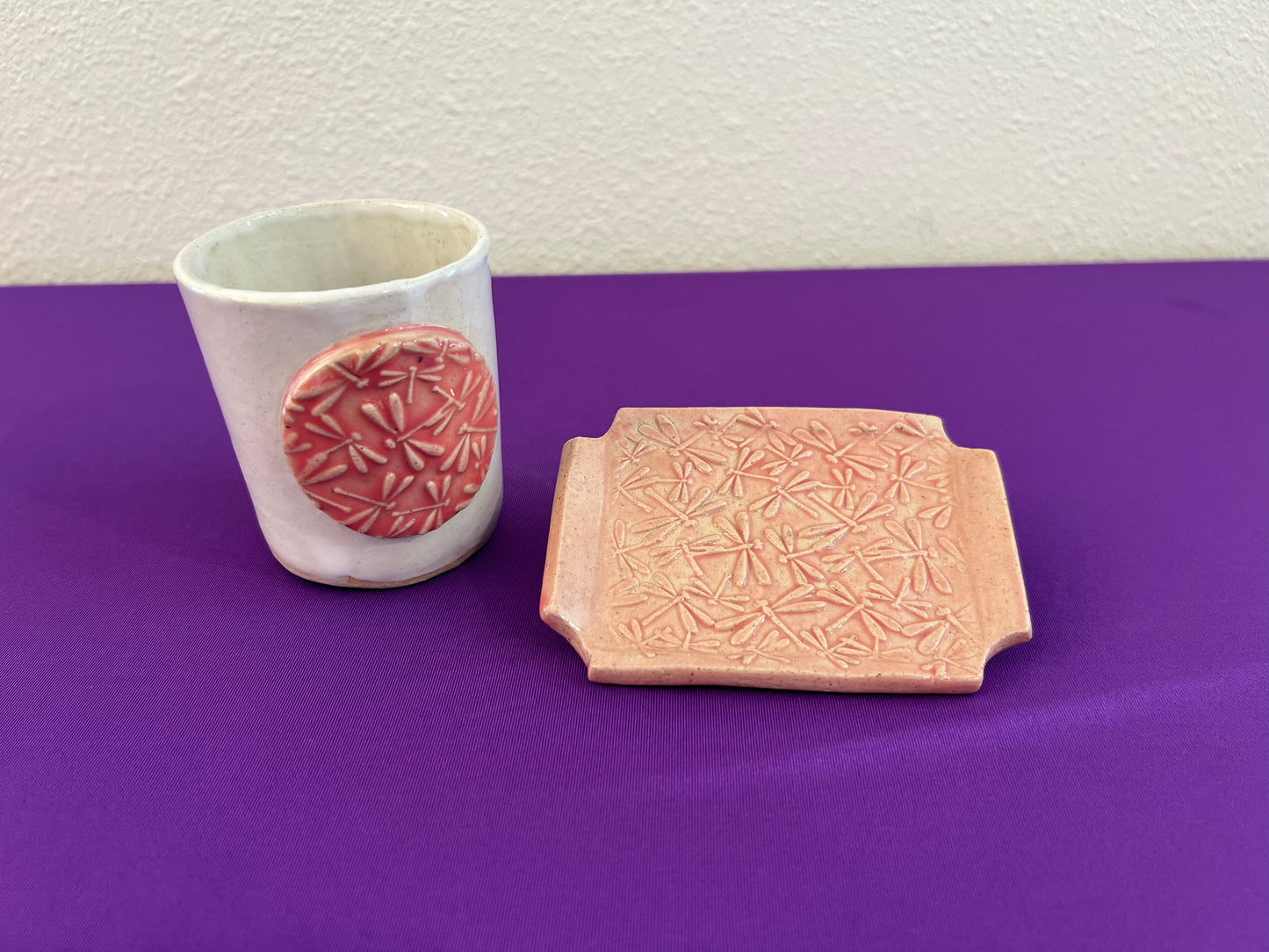 Coral Dragonfly Tumbler and Soapdish Set