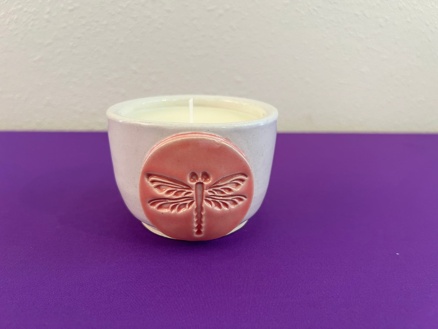 Unscented Candle in Coral Dragonfly Ceramic Holder