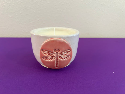 Unscented Candle in Coral Dragonfly Ceramic Holder